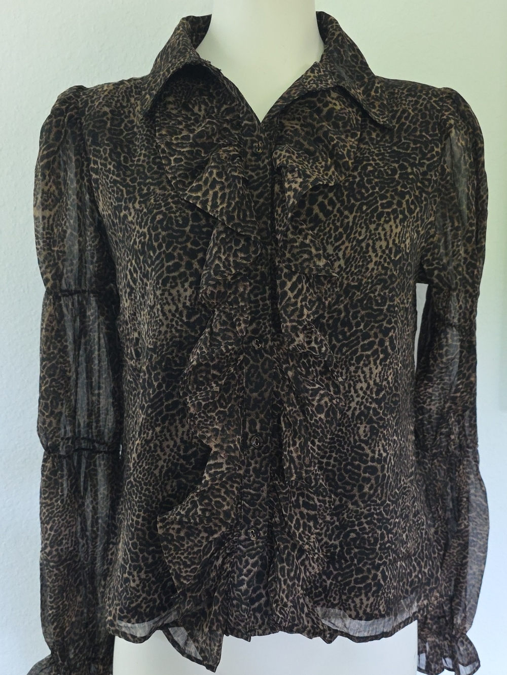 Walter Baker Sheer Ruffle Leopard-Print Blouse - Black/Tan
